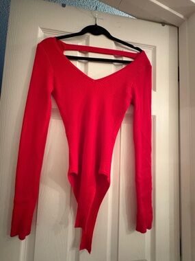 Lulu's Red Ribbed V-Neck Long-Sleeve Bodysuit Sweater